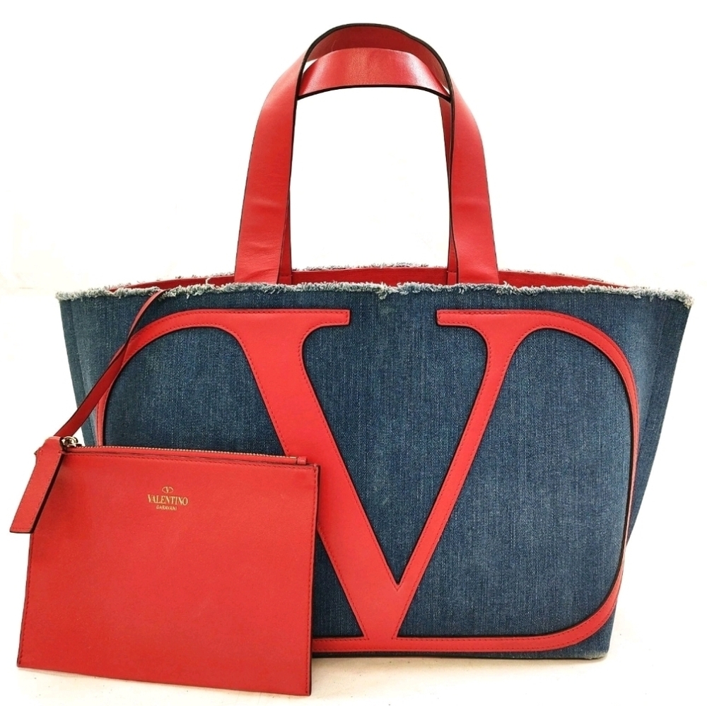 Auth Valentino Garavani V-Logo Denim Tote Bag